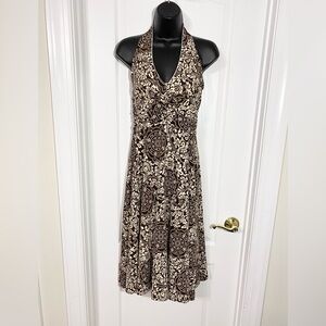 Y2K Sushi Flower Tribal Print Halter Stretch Dress Brown Cream Large